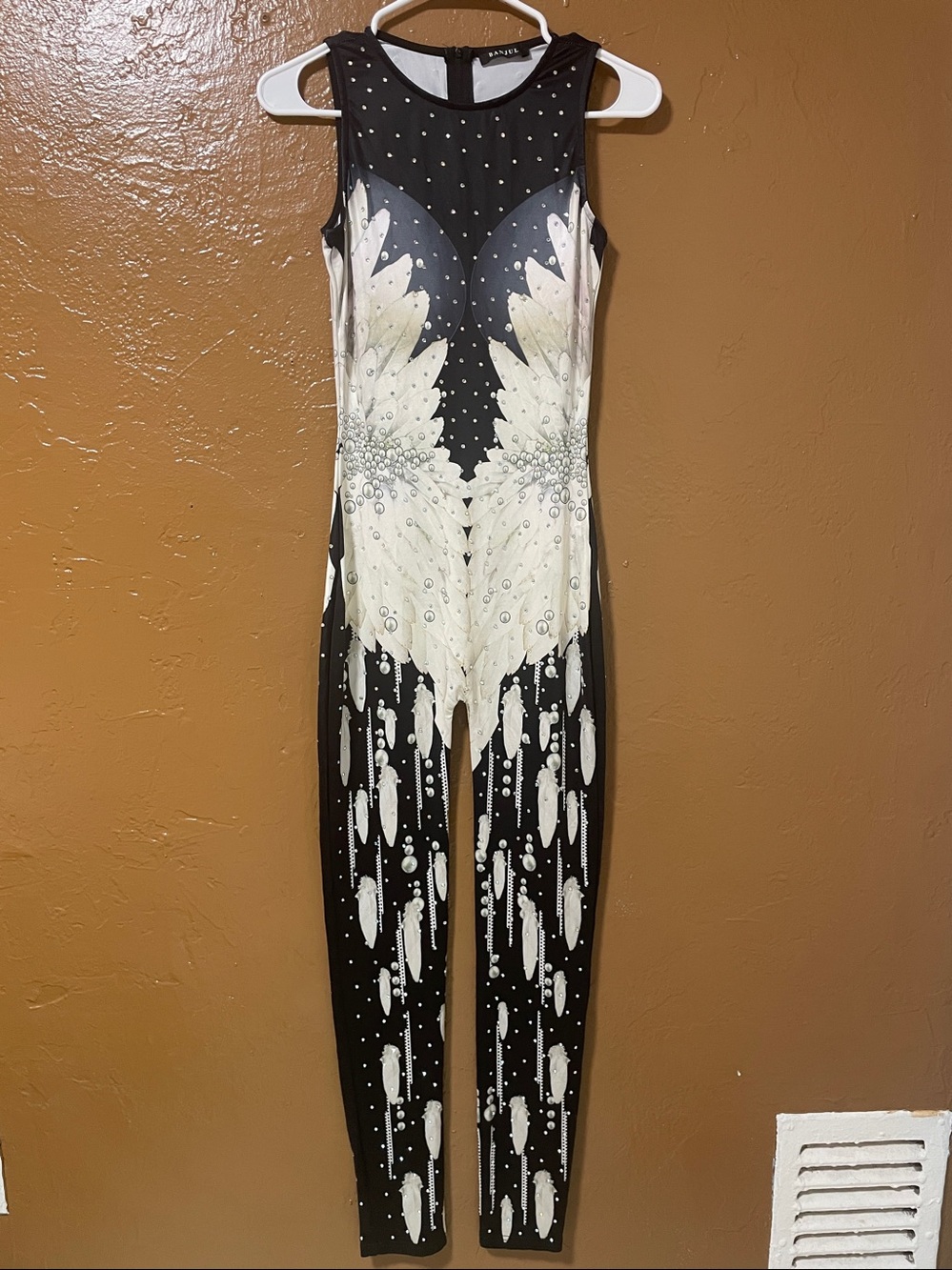 Banjul Black Jumpsuit with White Wing & Feather Print size S